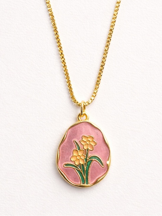 Jewelry - 18k Gold plated Floral Pink Enamel Pendant Necklace - Women Jewelry